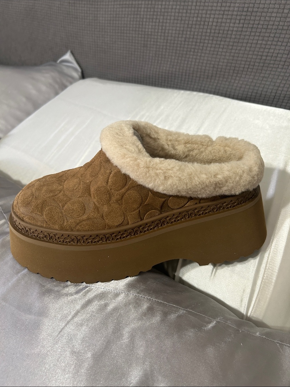 Coach Tan Suede Shearling-Trim Platform Mule